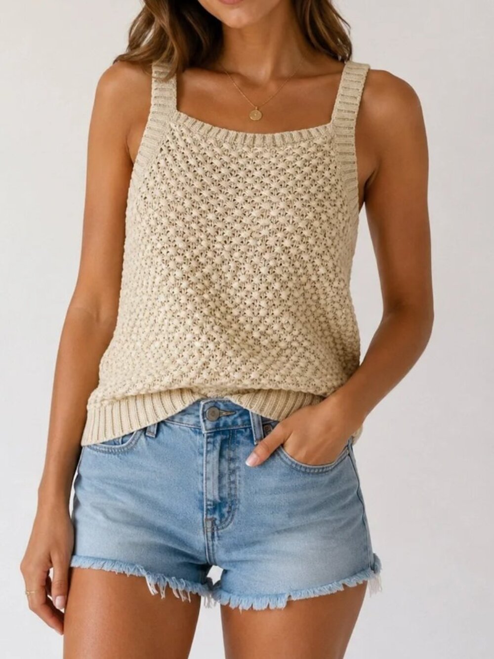 J. Crew Basket-Stitch Sweater Tank BZ499 Cream Medium Cotton Open Knit
